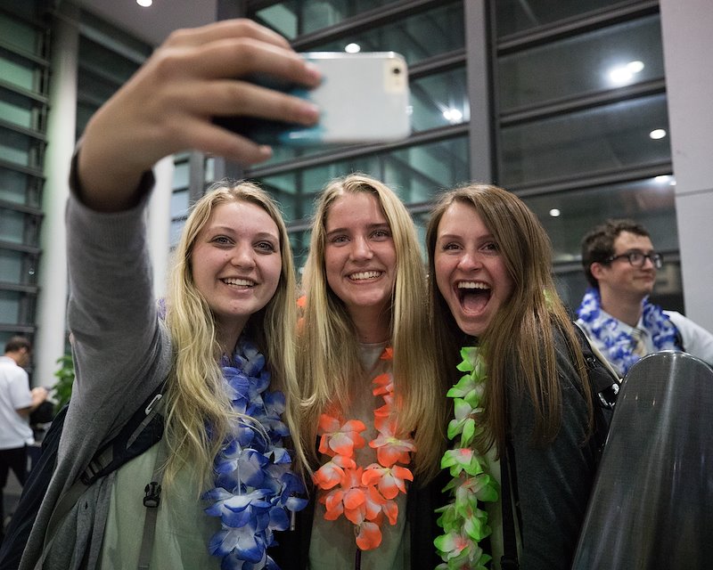 Members of the BYU Chamber Orchestra celebrate their arrival in Manila. Photo by Jaren Wilkey/BYU