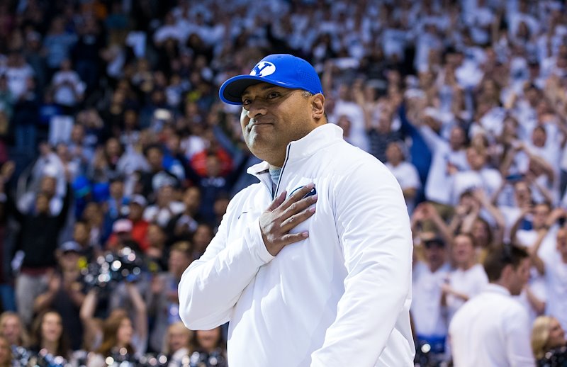 Kalani Sitake is introduced as the new football head coach at the men's basketball game versus Pepperdine - Photo by Jaren Wilkey/BYU