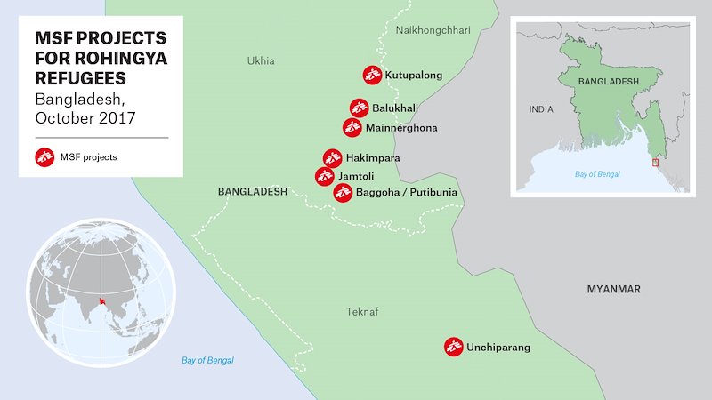 Map of Médecins Sans Frontières projects for Rohingya refugees, Bangladesh October 2017.©MSF
