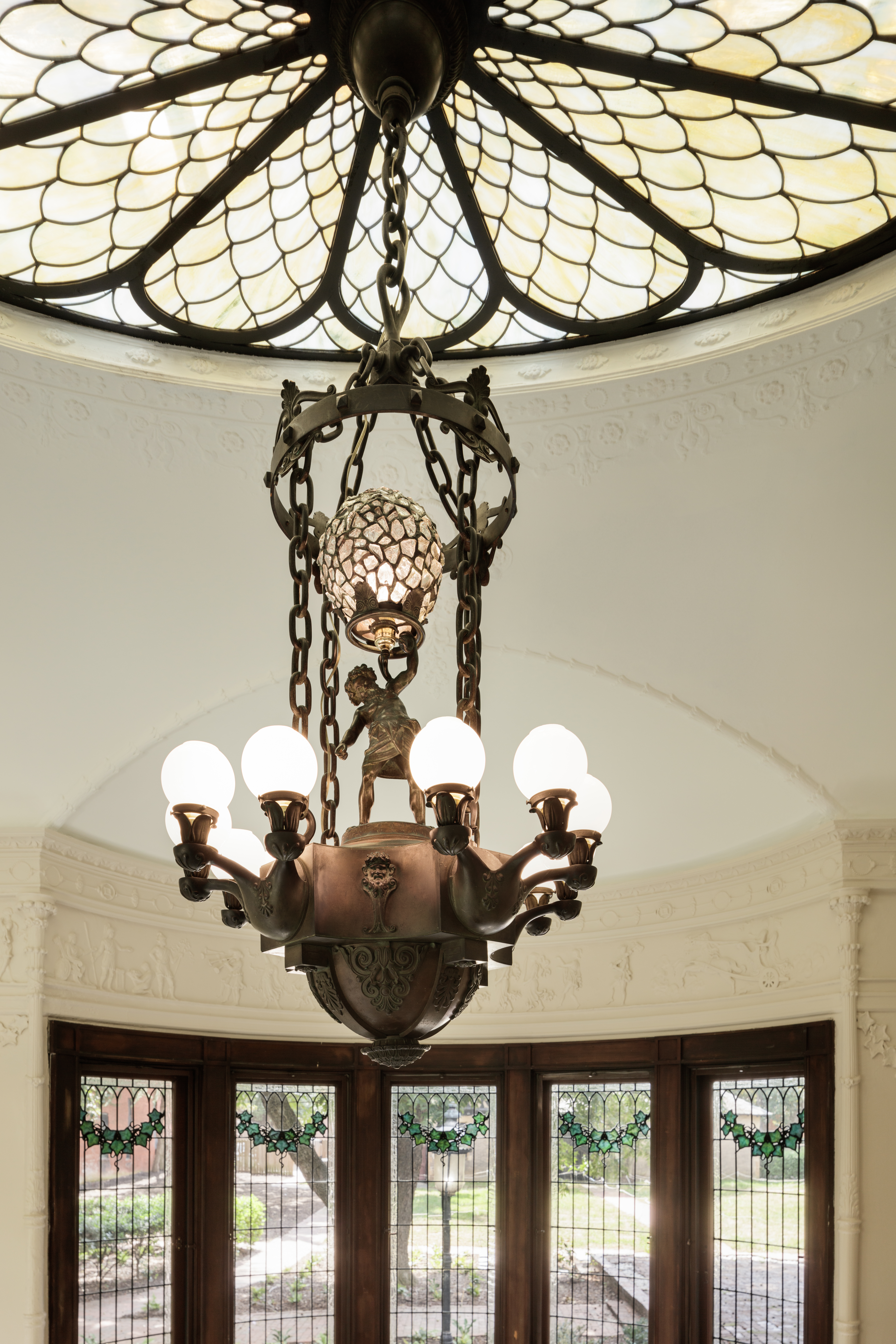 restored stained glass skylight and windows inside the Scott House