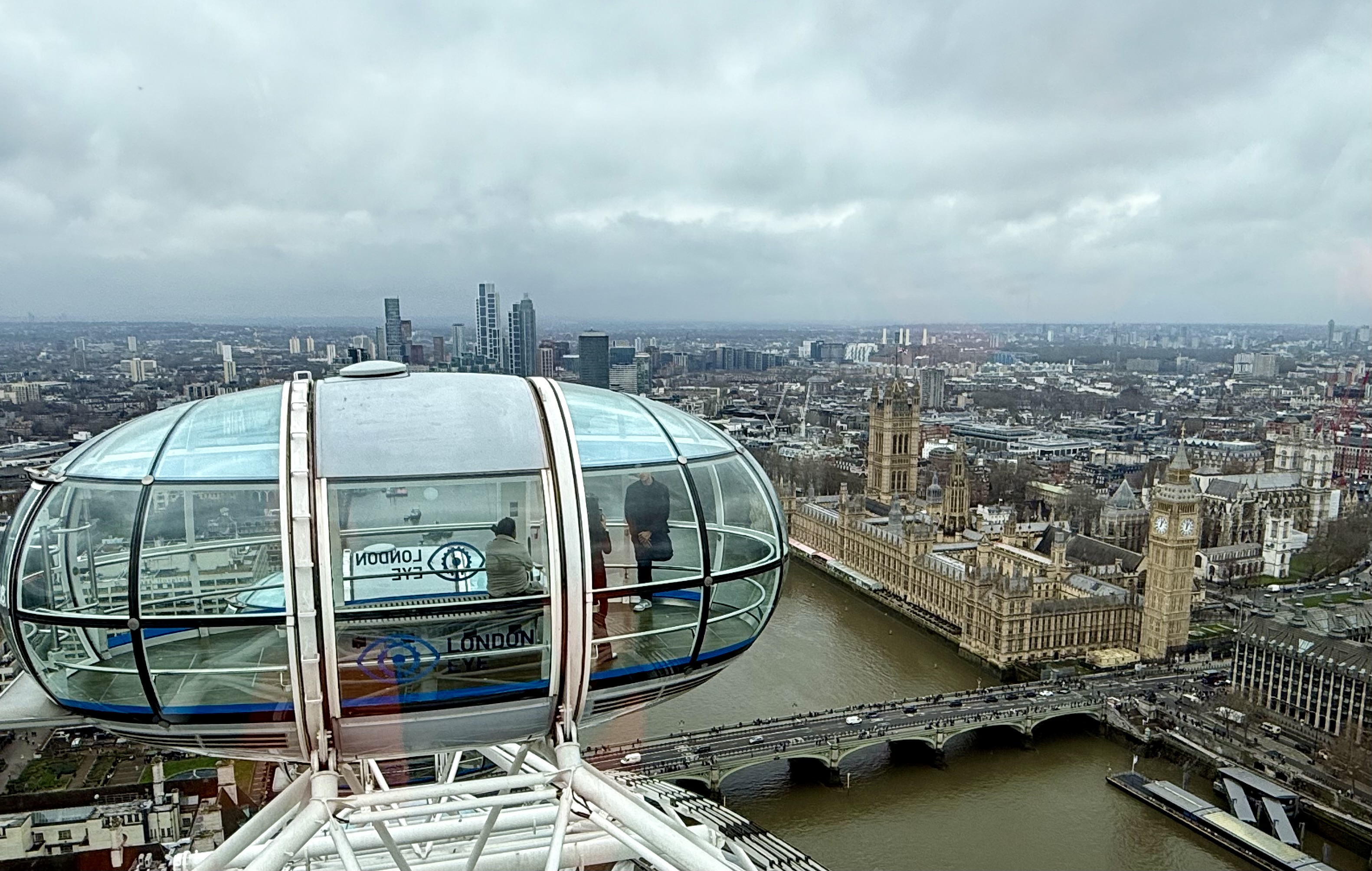 View from the London Eye on a cloudy day, with two people inside a ...
