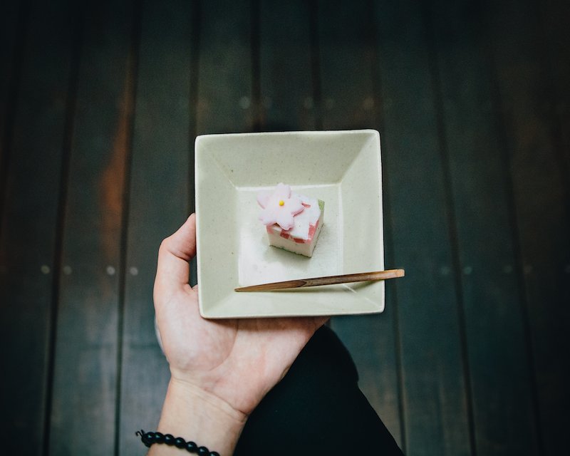 Sakura wagashi— a traditional seasonal sweet, lightly flavored like cherry blossoms