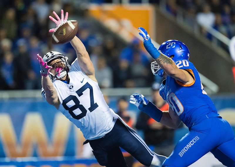 Mitchell Juergens catches the ball during the game against Boise State - Photo by Jaren Wilkey/BYU