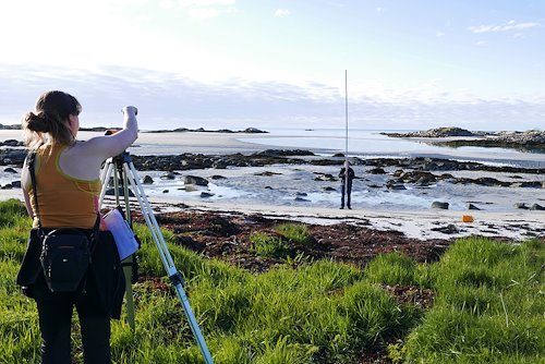 Marthe Larsen Haarr and Joan Fabres take measurements at a site on the northern stretch of the Lofoten coastline. Photo: Levi Westerveld
