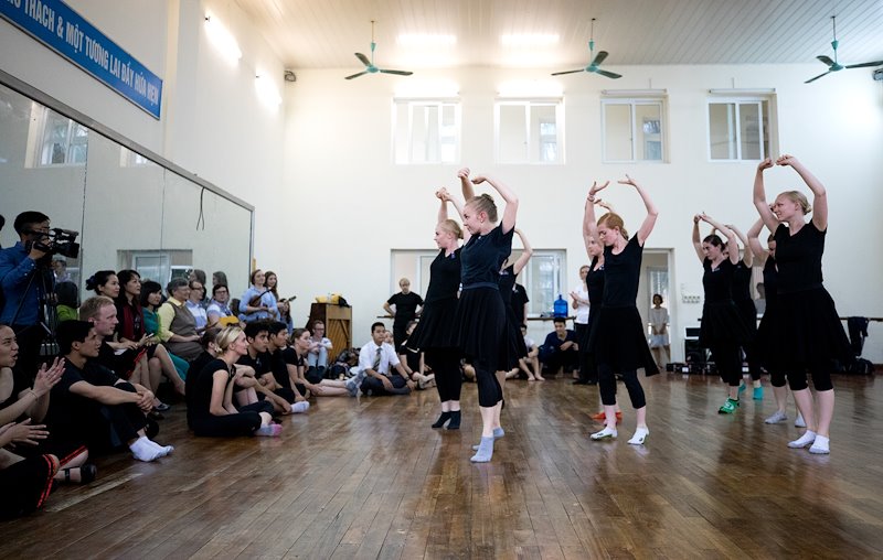 The BYU Folk Dancers perform for students at the Vietnam Dance Academy. Photo by Jaren Wilkey/BYU