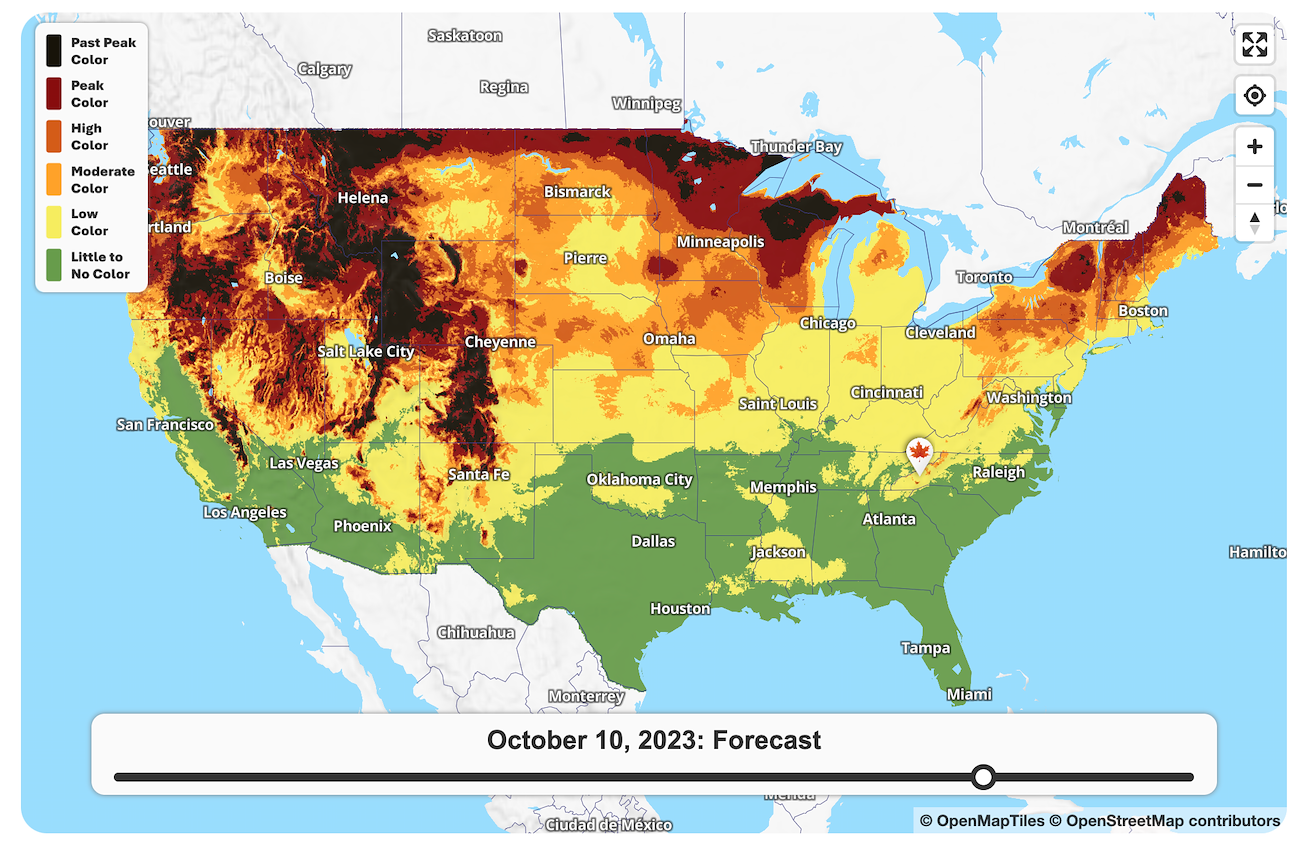 Screenshot of Evan Fisher's Fall Foliage Map on ExploreFall.com