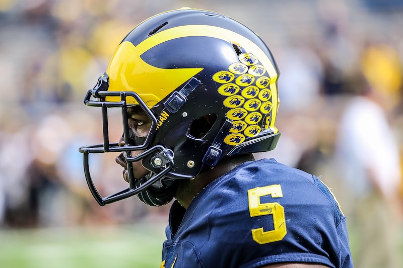 Side profile of Jabrill Peppers during warmups.