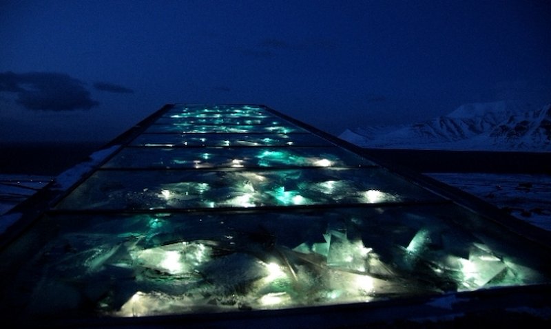 The Vault’s illuminated roof against the scenic surroundings. (Photo: Mari Tefre/Global Crop Diversity Trust)