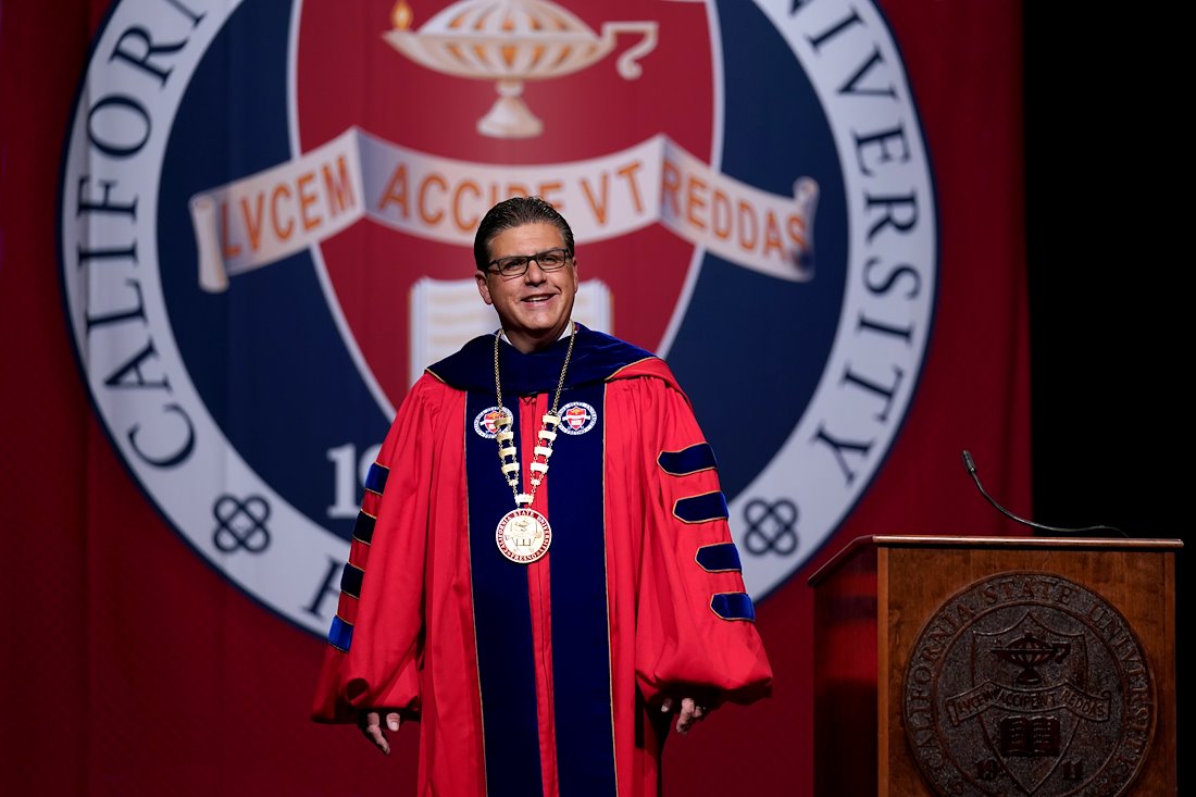 President Joseph I. Castro smiles after recording a speech at the Satellite Student Union.