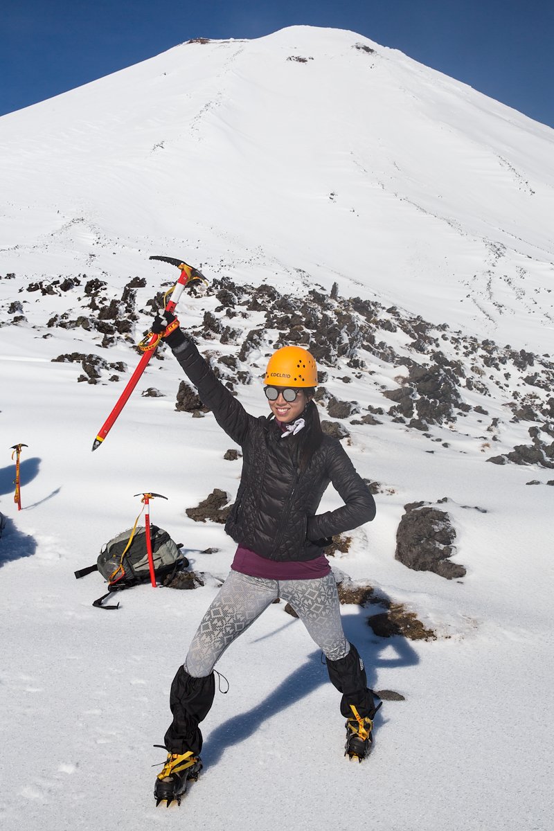Carol is excited to have her crampons on her feet.