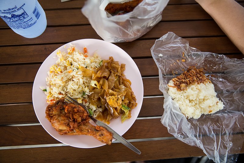My style of Thai breakfast: fried chicken, sticky rice, fried rice and a little pad thai.
