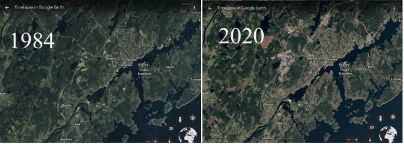 Satellite Images of Arendal and surroundings in 1984 and 2020. Google Earth Timelapse.