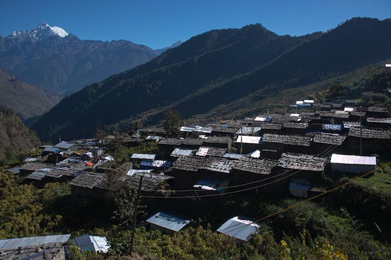 This village in Rasuwa District is connected by road to Kathmandu. Aid here can be seen in the patchwork of shingles and metal roofs.
