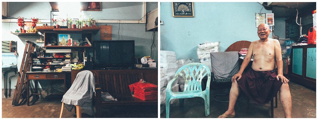 summer in yangon is unbreable. however, the interior of his house is surprisingly pleasant and cool. we were drenched in sweat walking from the tea-house and u chit sien had to changed to his longyi to cool down.