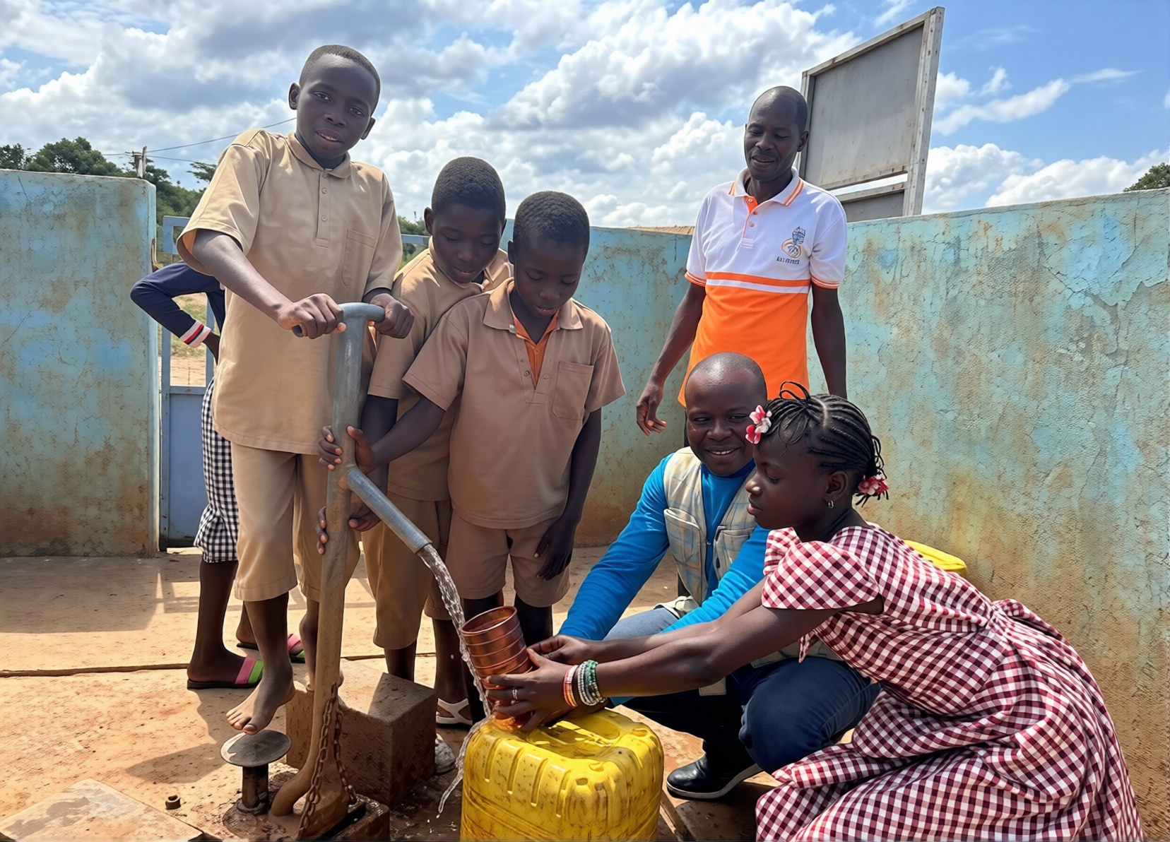 UN Volunteer Etien Yao, WASH Specialist, with schoolchildren at a water ...