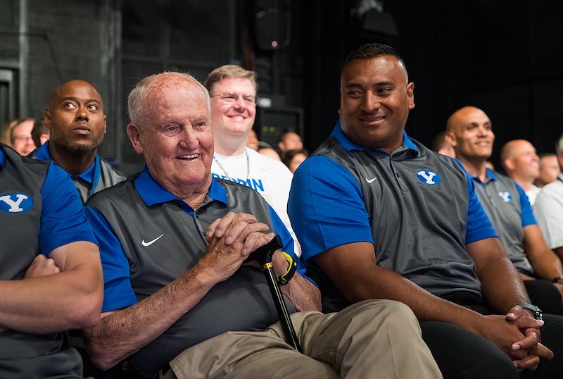 LaVell Edwards and Kalani Sitake during the 2016 BYU Football Media Day.