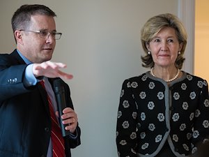 Professor Peter Feaver introduces NATO Ambassador Kay Bailey Hutchison.
