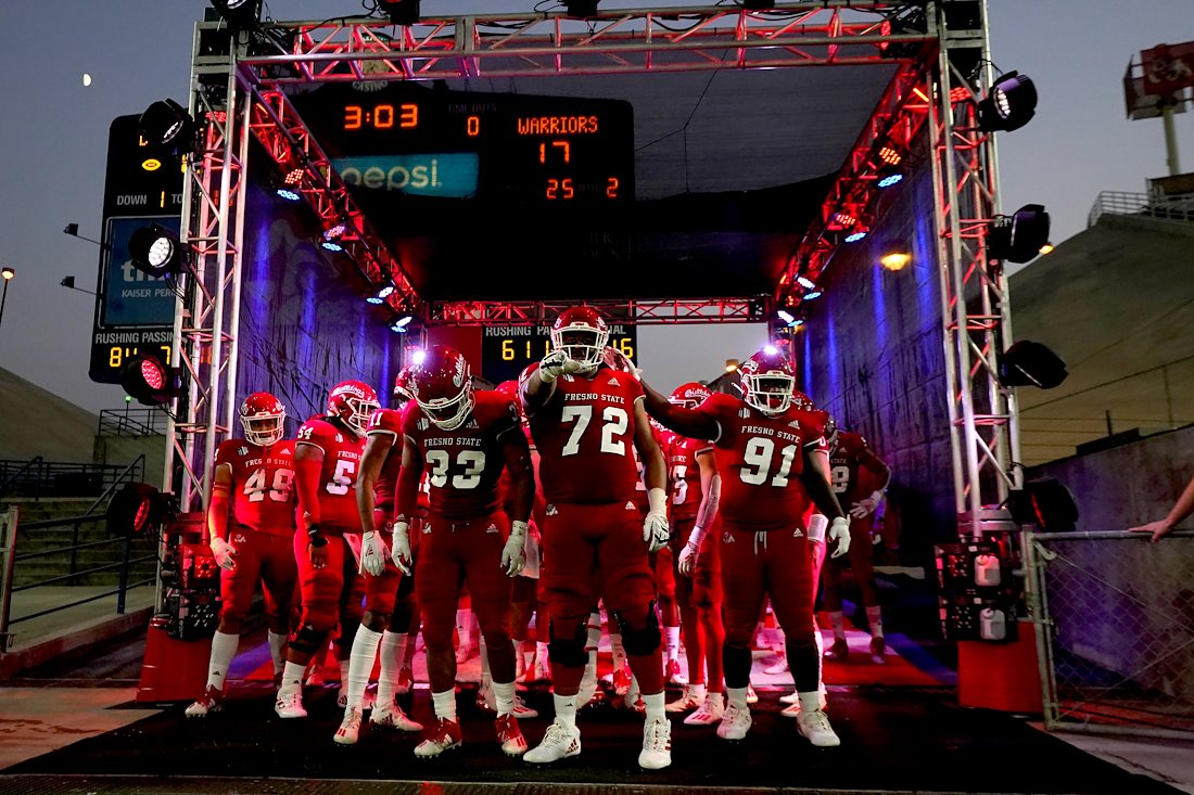 The Fresno State football team prepares to take the field in the second half of their game against Hawaii on October 24th.