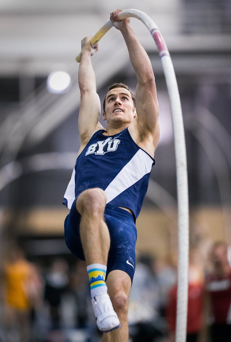 Kyle Brown competing in the pole vault at the MPSF Conference Championships - Photo by Jaren Wilkey/BYU