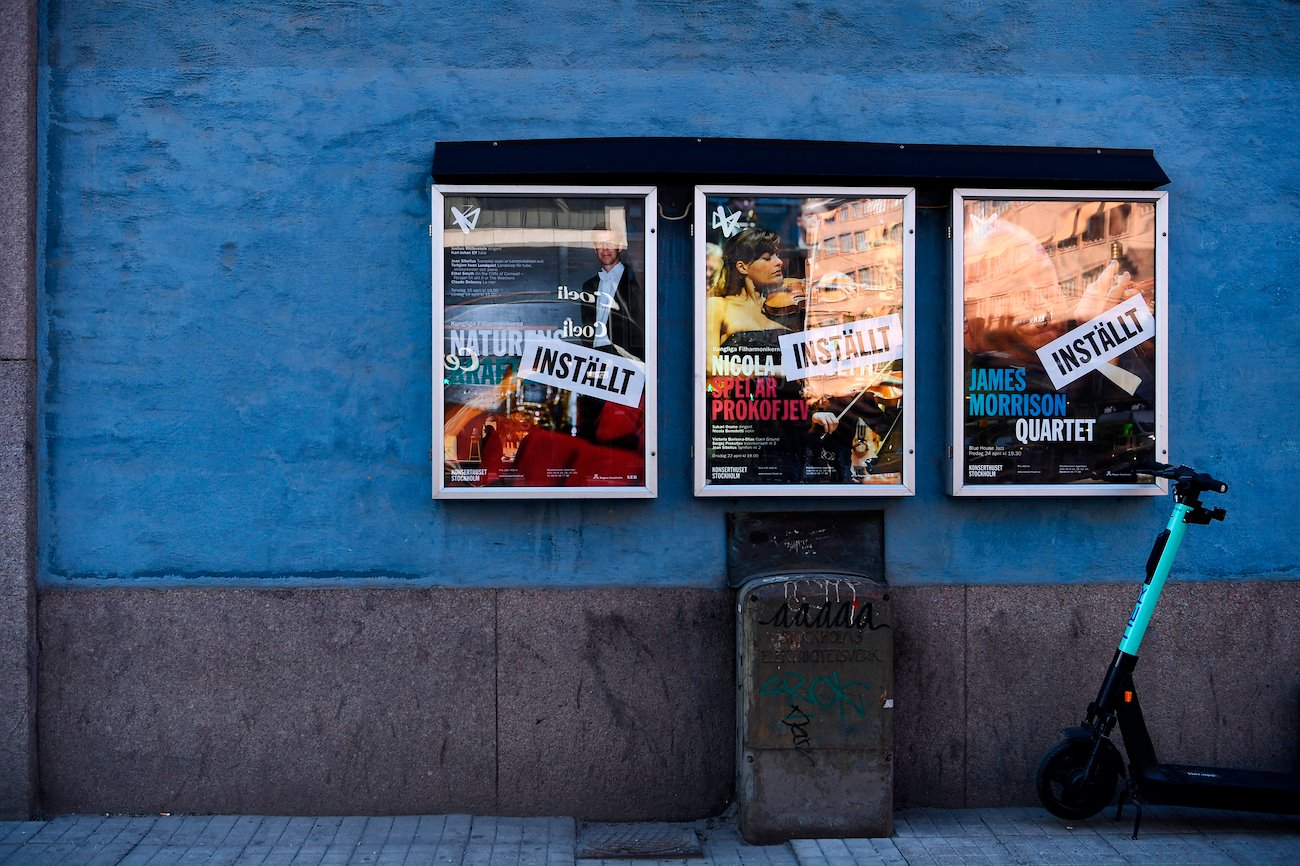 Posters for cancelled shows at the Concert Hall in Stockholm, Sweden, on Thursday, March 26, 2020.