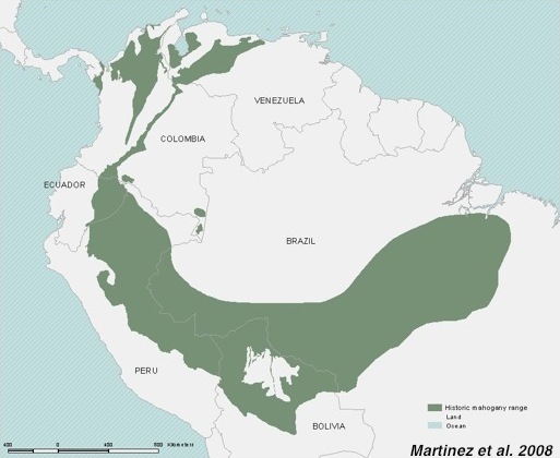 Historic range of mara/big-leaf mahogany (Swietenia macrophylla). Image ...