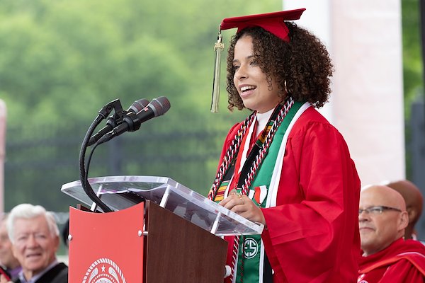 Nyah Smith, student body president, speaks during Miami University's 2024 spring commencement ceremony May 18 at Yager Stadium.