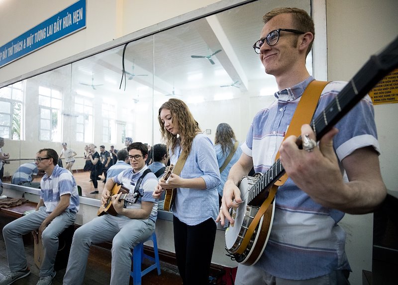 Jake Goering, Marshall Gibson, Auriana Pendleton, and Isaac Geslison provide music during the workshop. Photo by Jaren Wilkey/BYU