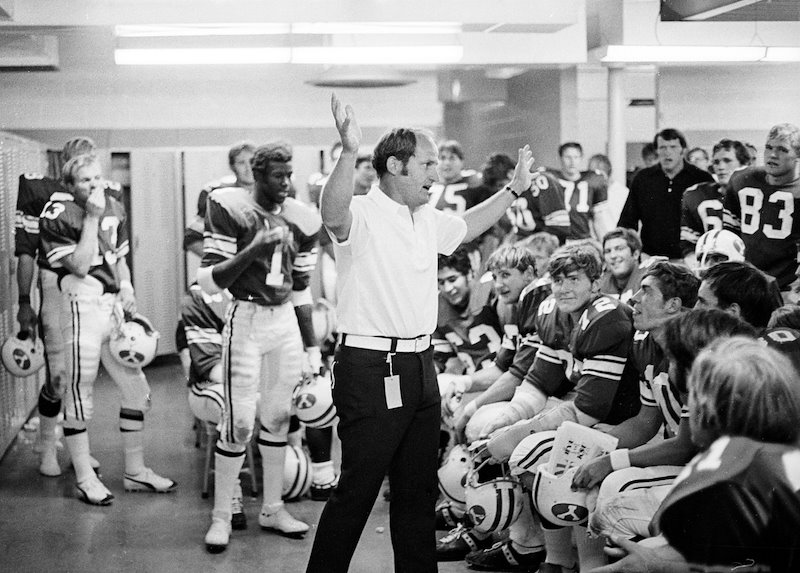 LaVell Edwards fires up his charges during halftime of his first game as head coach in 1972 against Kansas State.