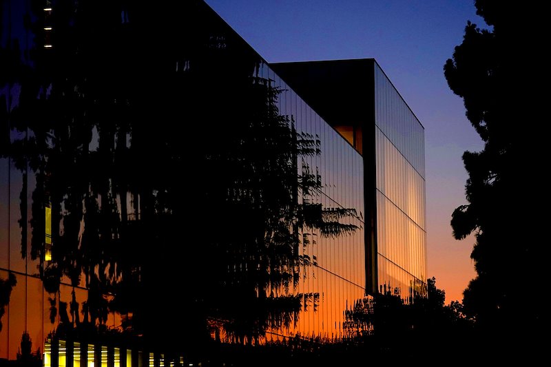 The Henry Madden Library at dusk.